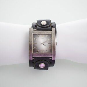 GUESS Wide Black Leather Band Cuff Vintage Silver Tone Dial Watch